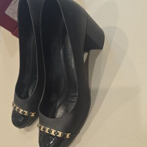 Salvatore Ferragamo Black Leather Pumps with Gold Chain Cap Toe